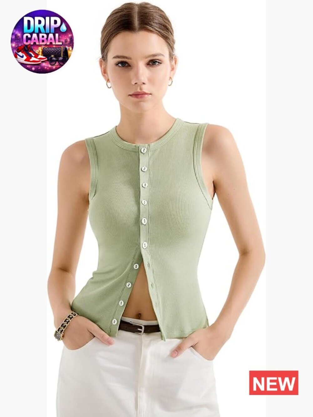 Women Button Down Ribbed Tank Top Y2K Sleeveless Fitted Crew Neck Going Out